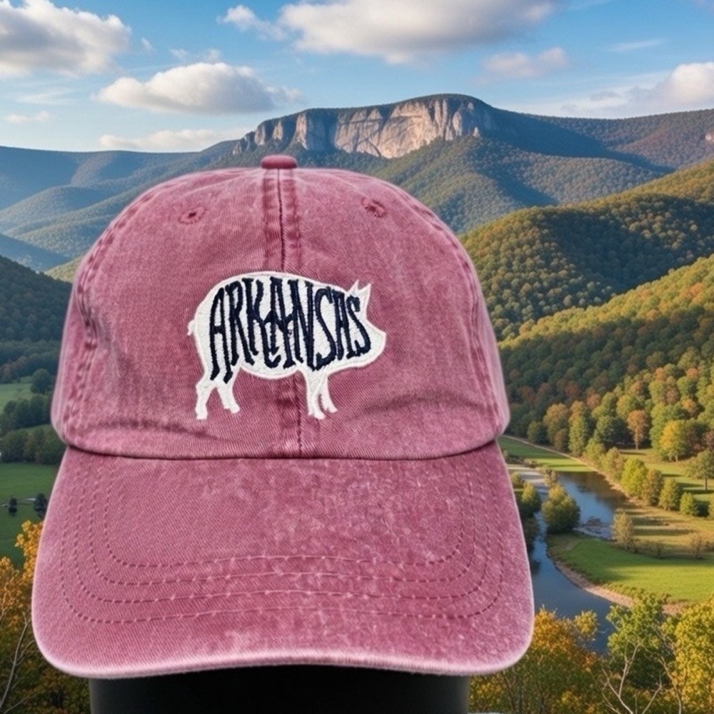 Arkansas Hogs Red Denim Adams Ball Cap Hat adjustable Strap Preowned